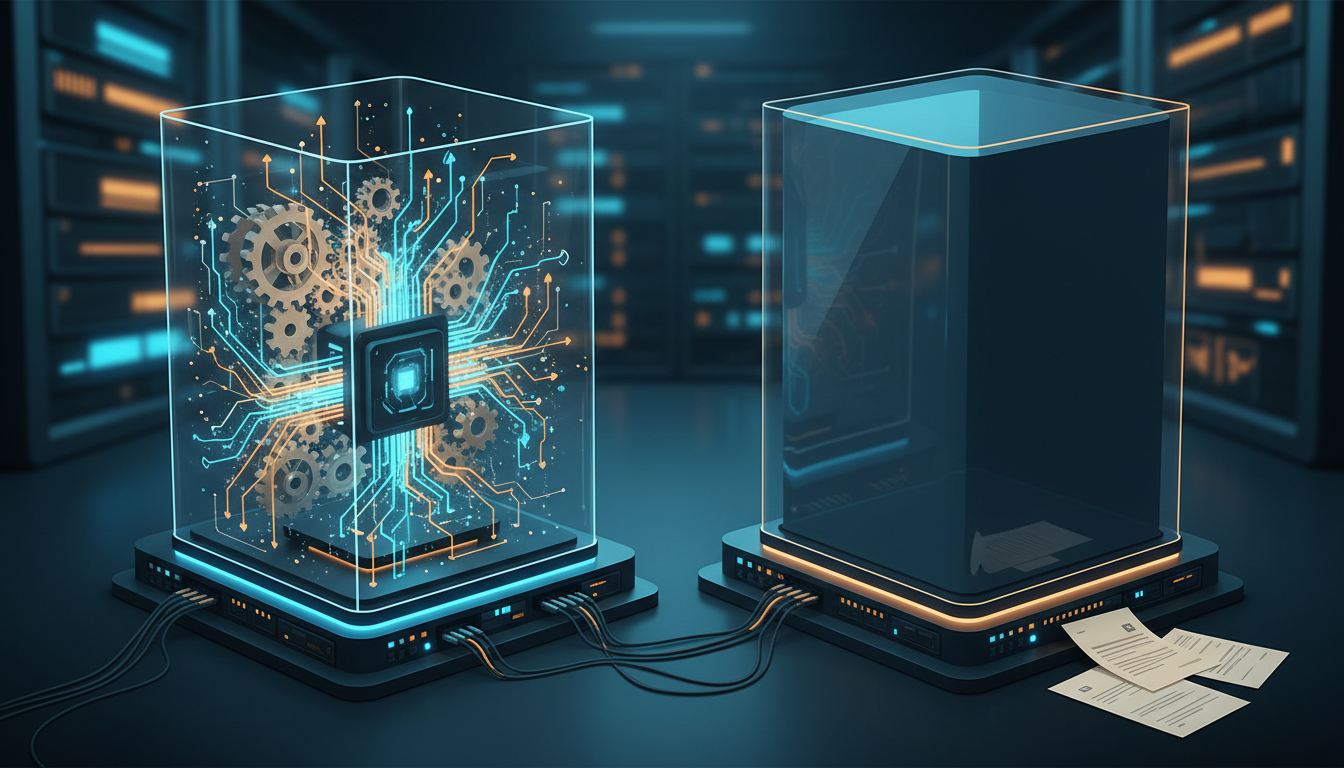 Ilustrasi perbedaan model AI berbobot terbuka dan sistem AI sumber terbuka.