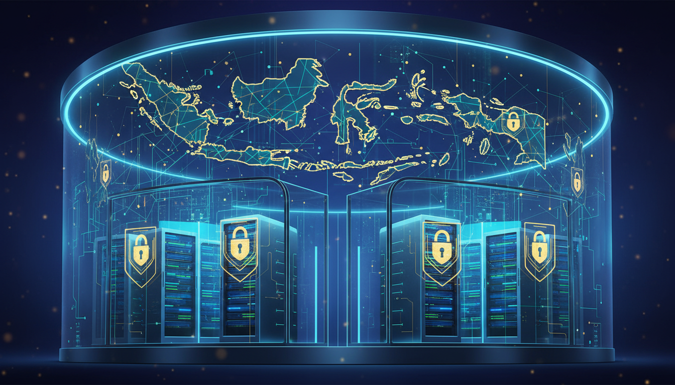 Ilustrasi pusat data pemerintah dan cloud swasta dalam regulasi data Indonesia.