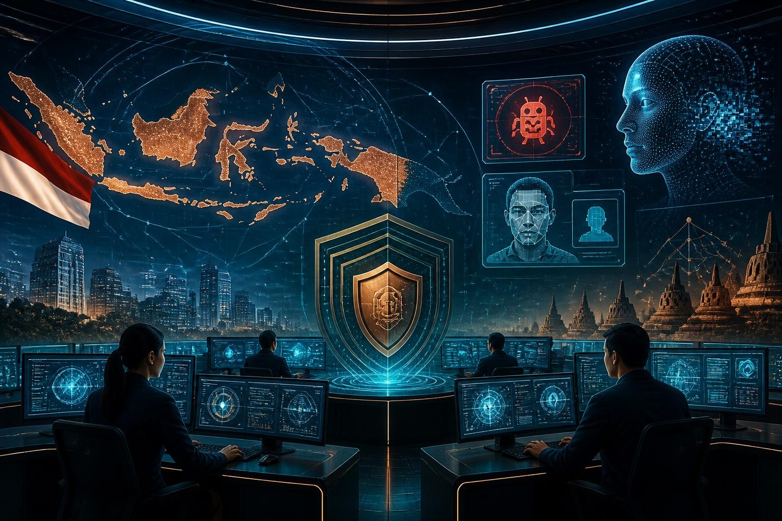 Ilustrasi pengamanan sistem AI di Indonesia dengan pemantauan ancaman, perlindungan data dan transparansi algoritma.