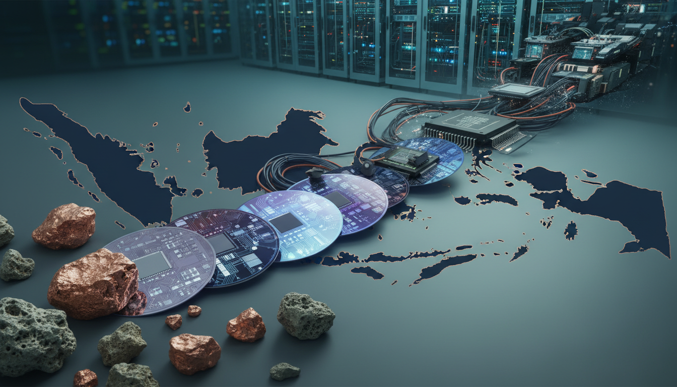 Ilustrasi rantai nilai mineral nikel, tembaga, semikonduktor dan infrastruktur AI Indonesia.