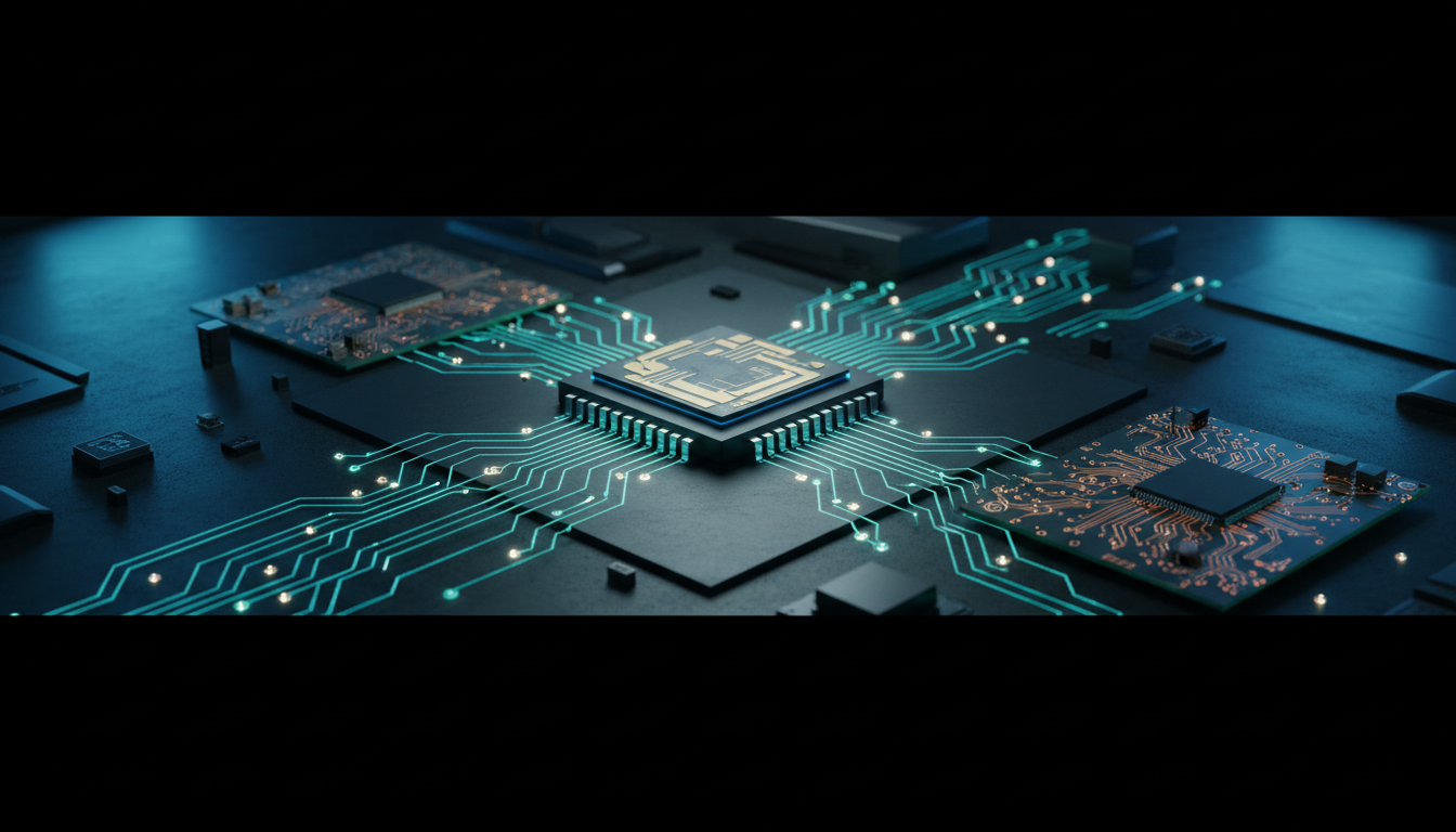 Ilustrasi chip semikonduktor dan proses desain elektronik berbantuan AI.