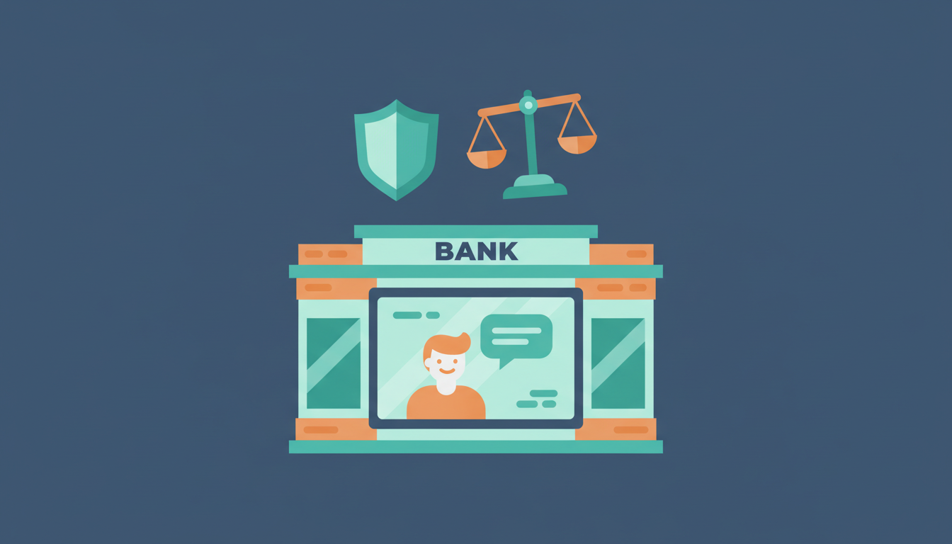 Ilustrasi kantor bank modern dengan layar asisten percakapan abstrak serta perisai dan timbangan di atasnya yang melambangkan tata kelola dan kepercayaan