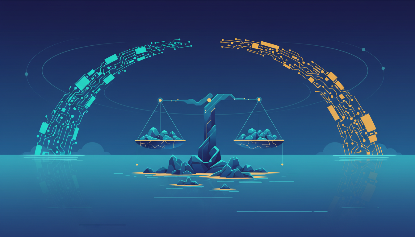 Ilustrasi dua lengkung sirkuit abstrak berwarna teal dan amber saling berhadapan di atas laut tenang dengan gugus pulau kecil di tengah sebagai penyeimbang