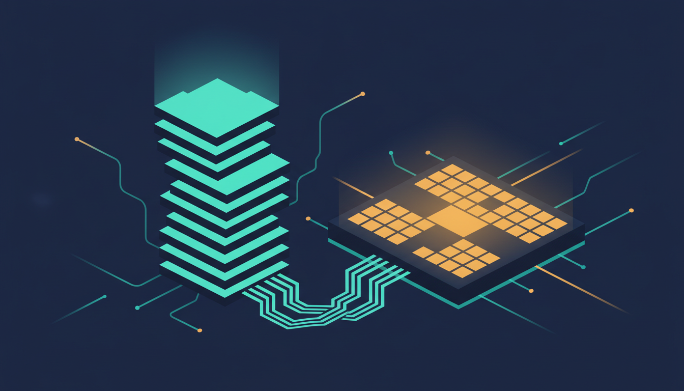 Ilustrasi tumpukan chip memori HBM bercahaya di samping chip GPU dengan jalur data yang menyempit