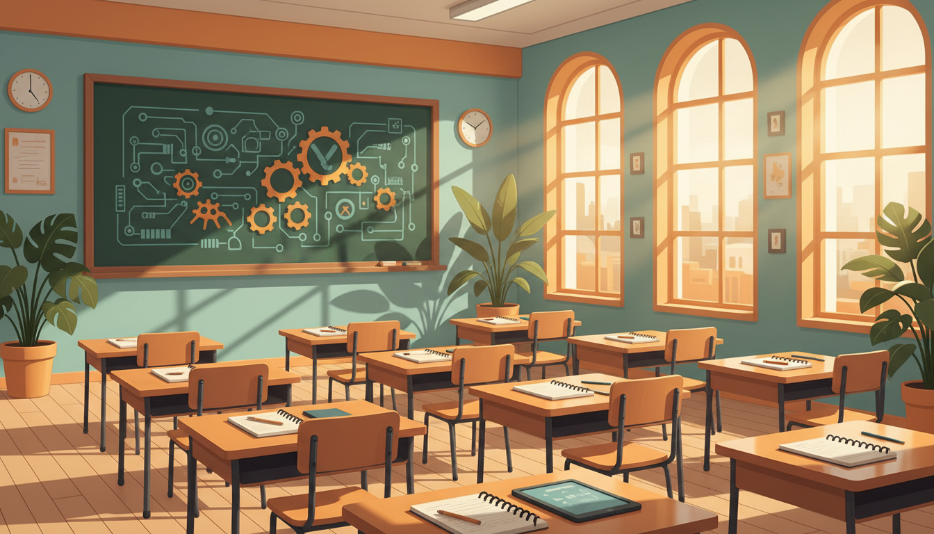 Ilustrasi ruang kelas terang dengan meja, buku catatan, tablet, dan papan tulis berisi coretan sirkuit