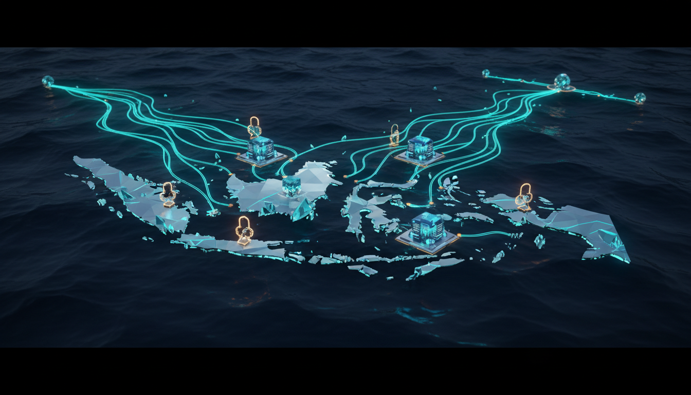 Ilustrasi kepulauan Indonesia dengan pusat komputasi dan jalur koneksi alternatif yang dikendalikan gerbang akses.