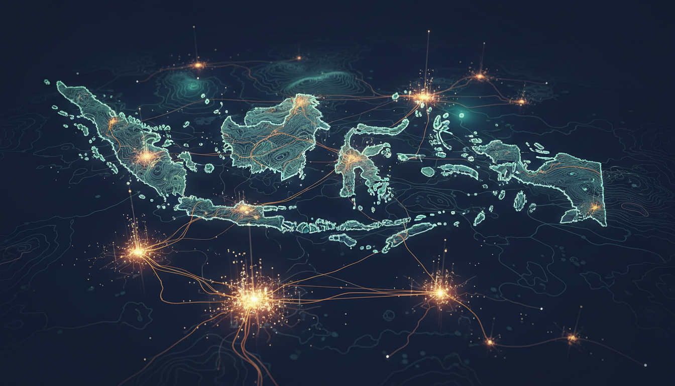 Ilustrasi kepulauan Indonesia dengan jaringan digital perkotaan dan perdesaan yang tidak merata.