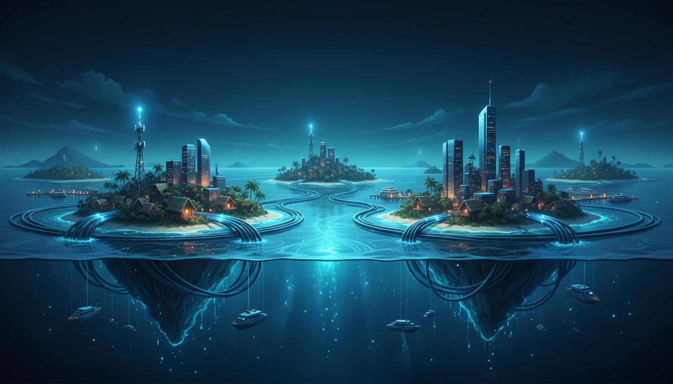Ilustrasi jaringan serat optik dan konektivitas broadband antarpulau di Indonesia.