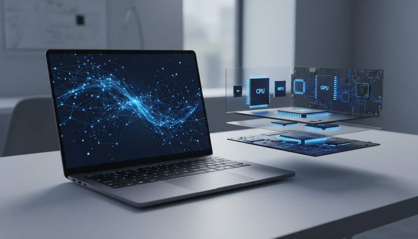 Ilustrasi editorial laptop profesional untuk kerja AI dengan chip prosesor dan pemrosesan model lokal