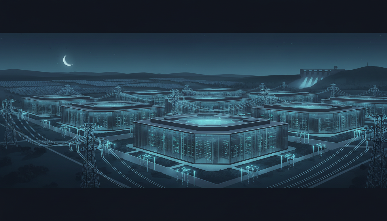 Ilustrasi fasilitas pusat data artificial intelligence, jaringan transmisi listrik, dan pembangkit energi bersih.