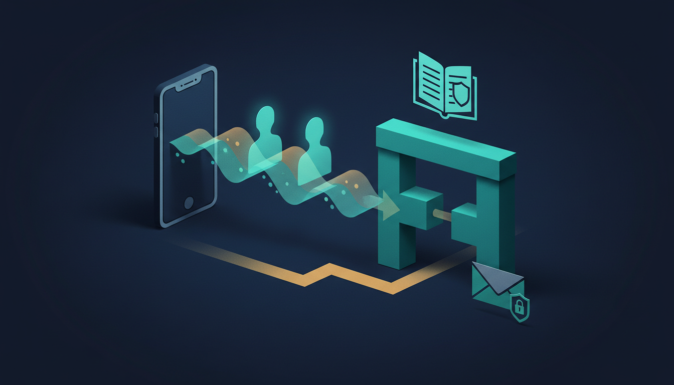 Ilustrasi telepon dan gelombang suara sintetis melewati gerbang verifikasi identitas sebelum permintaan pembayaran diteruskan.