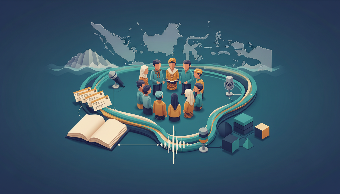 Ilustrasi penutur, gelombang suara, buku, dan arsip digital yang terhubung untuk riset AI bahasa daerah.