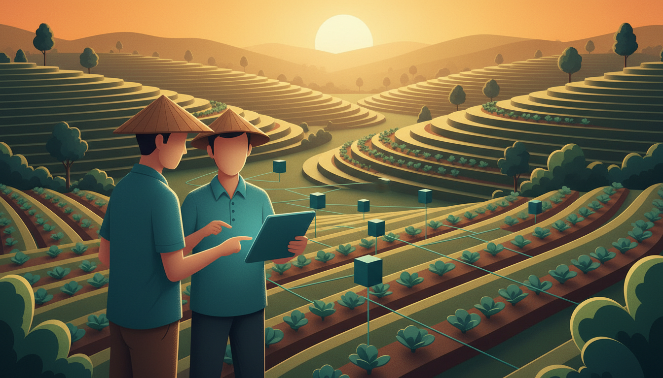 Ilustrasi konseptual petani dan penyuluh memeriksa data lahan melalui tablet di pertanian dataran tinggi.