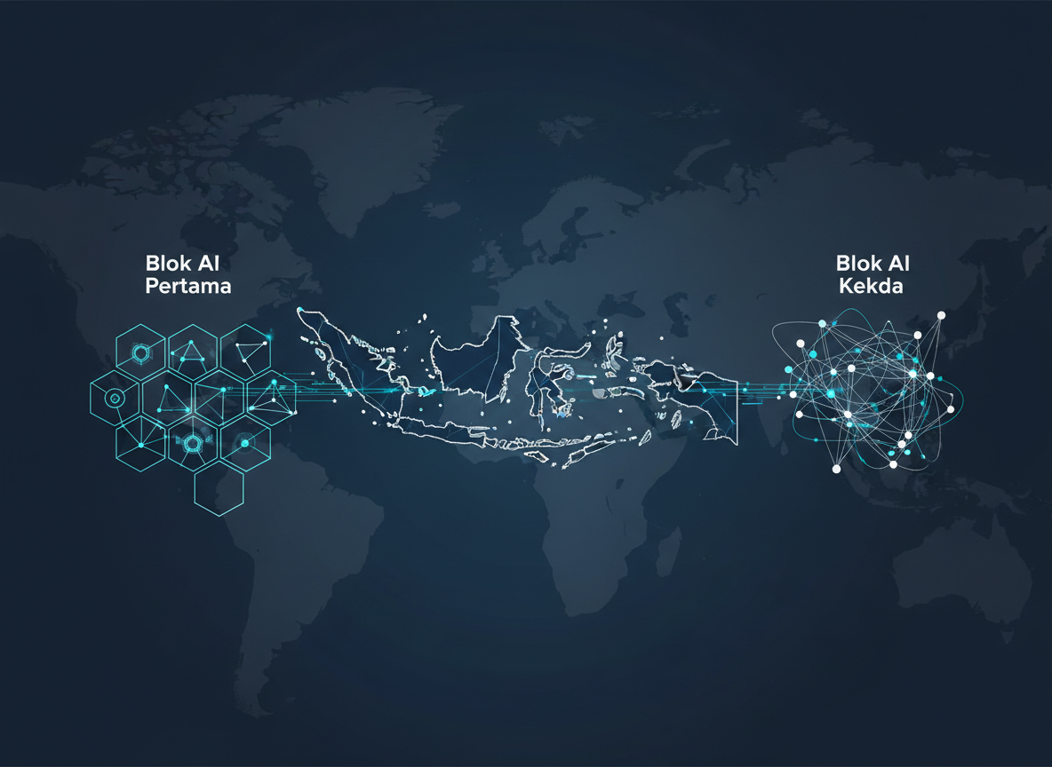 Ilustrasi geopolitik AI: Indonesia berada di antara dua jaringan teknologi global WAICO dan Pax Silica.