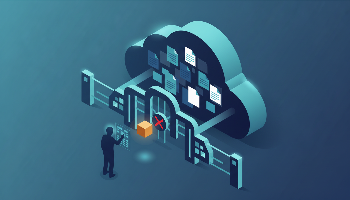 Ilustrasi konseptual gerbang izin yang membatasi aplikasi eksternal mengakses arsip dokumen di cloud.